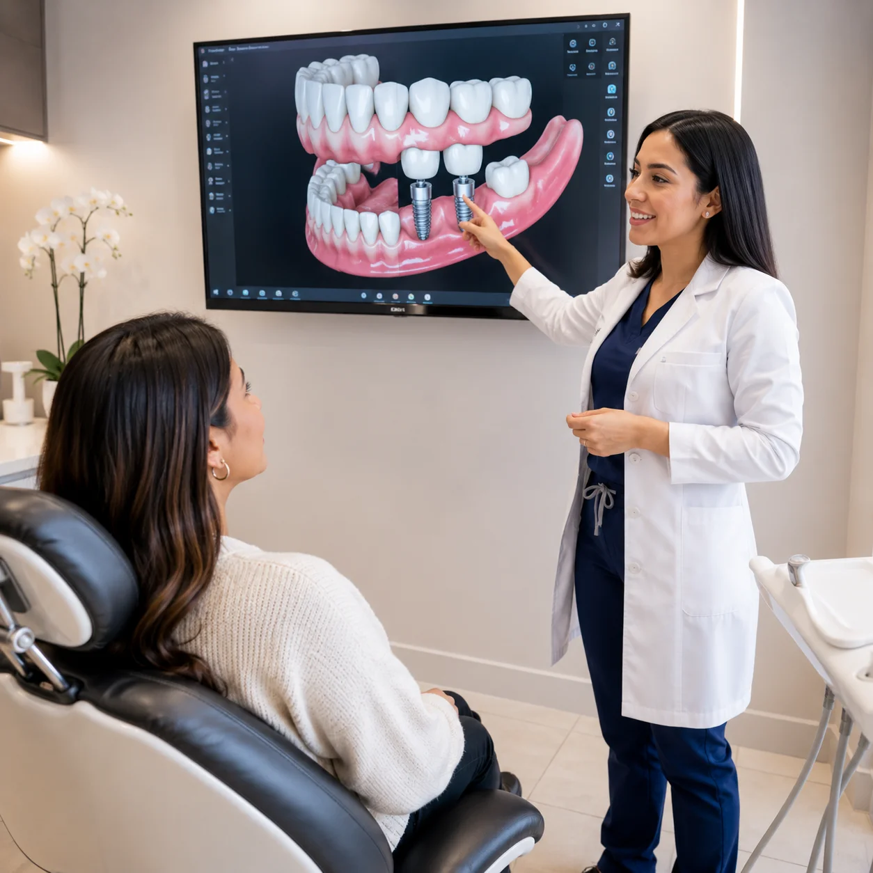 Especialista explicando visualmente una alternativa de implantes dentales a una paciente